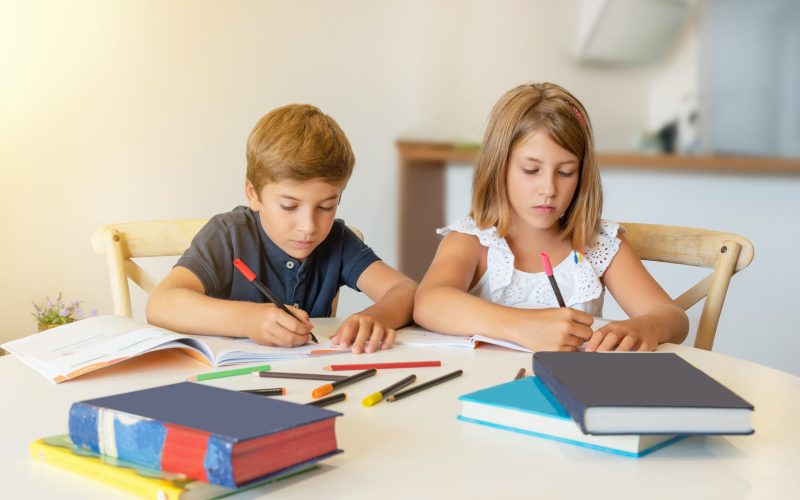 Children concentrating on drawing and studying at home. Kids doi